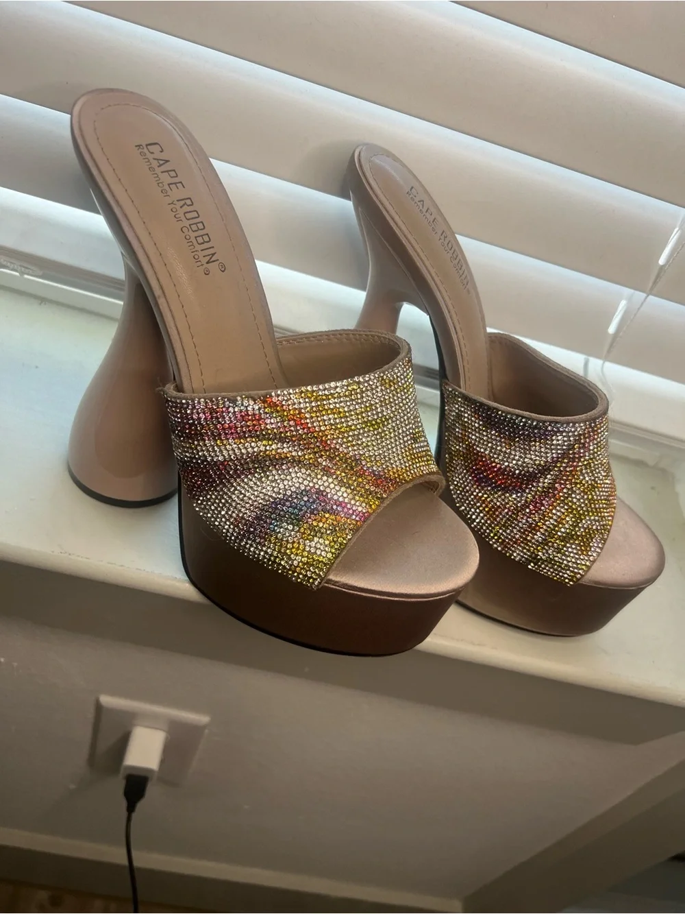 Cape Robbin Nude Platform Mule with Multicolor Crystal Strap